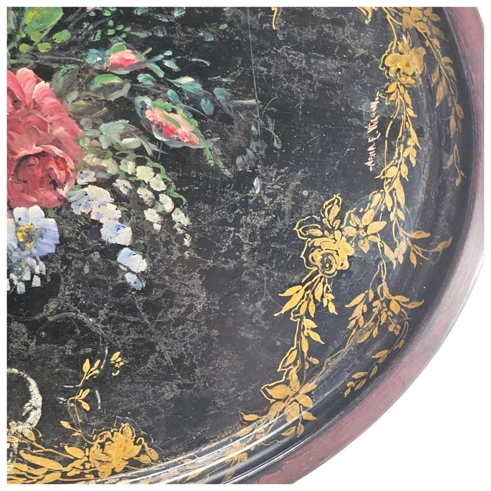 Bandeja Tole Francesa Negra Siglo XIX 24” Pintada a Mano Floral Ovalada Metal Dorado Foto 4 de 4