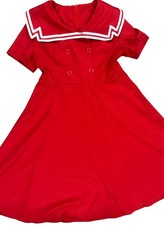 Vintage Red Sailor Shirt Sleeve Midi Dress Sz XL Cosplay Collar Ruched Retro