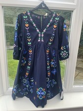 Monsoon Eden Dress - Embroidered Cotton, 3/4 Sleeve, Navy Multi, Size M
