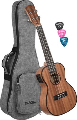 Cascha Premium Konzert Mahagoni Ukulele Set mit Tonabnehmer Gigbag 3x Plektren