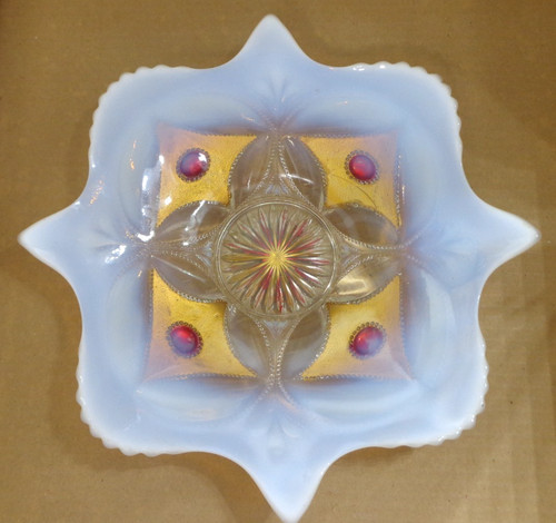 Vintage Opalescent Goofus Glass Candy Dish~Ruby & Gold