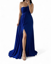 Windsor Blue One Shoulder Beaded Rhinestone Chiffon Long Gown Slit Size 6