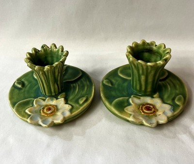 (2) Weller Art Pottery Ardsley Iris Candle Holders w/Green Lily Pads 1920-28