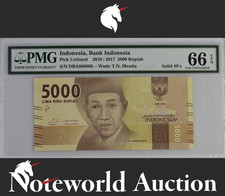 Indonesia 5000 Rupiah 2016 / 2017 P 156b SOLID 8 - 888888 UNC PMG 66 EPQ