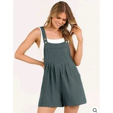 Anrabess Womens Linen Blend Short Bib Overalls Jumpsuit Romper Sz S Gray Blue