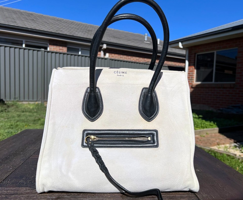 Authentic Celine Medium Luggage Phantom Tote Bag Canvas with Leather Trim White