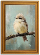 Vintage Gold Framed Bird Canvas Wall Art, Bird Beige Sparrow Painting Picture...