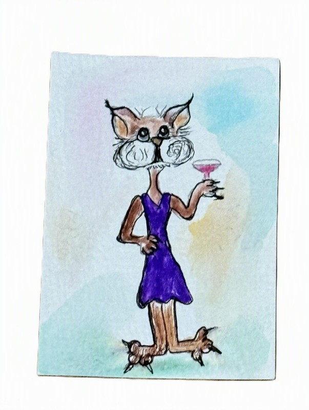 ACEO Original Cards Cat Art Sophisticated CAT Martini Drinking Cat