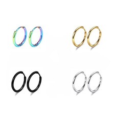 Surgical Stainless Steel Thin Hoop Earrings B: Diameter 8mm 4 Color ,4 Pairs