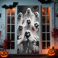 Scary Skeleton Zombie Halloween Door Cover - 79x35in Reusable Creepy Banner Deco