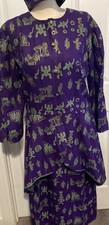 African 2Pieces Skirt Set Button Front Purple/Gold Long Sleeve Matching Cap WM