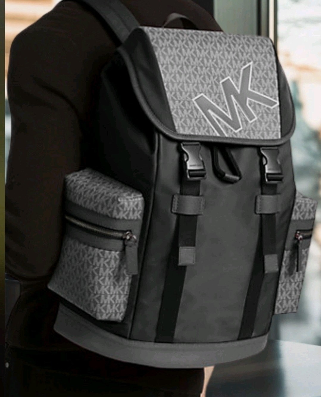 Michael Kors Cooper Logo Backpack Black Gray Adjustable Strap Side Pockets Men