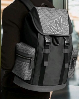 Michael Kors Cooper Logo Backpack Black Gray Adjustable Strap Side Pockets Men