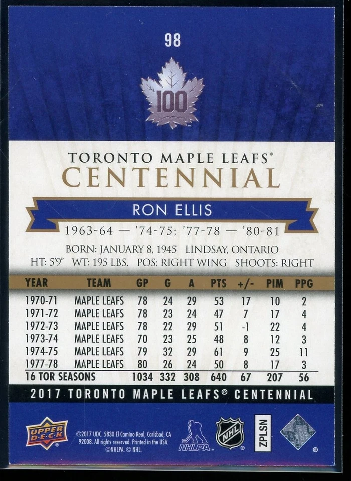 2017-18 Toronto Maple Leafs Centennial Gold #98 Ron Ellis 072/100 - Image 2 of 2