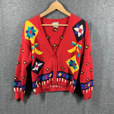 Vintage Boston Traders Geometric Button Down Sweater Womens Size L Large Knitted