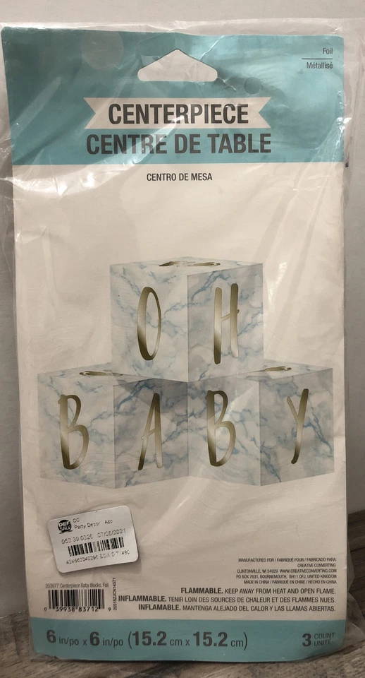 Baby Blocks Centerpiece For Baby Shower Blue & White With Gold 3- 6 Inch Squares - Image 2 of 4