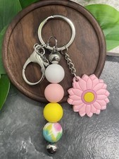 4" Silver-Tone Silicone Beaded Charm Keychain New Free Ship Flower A4094
