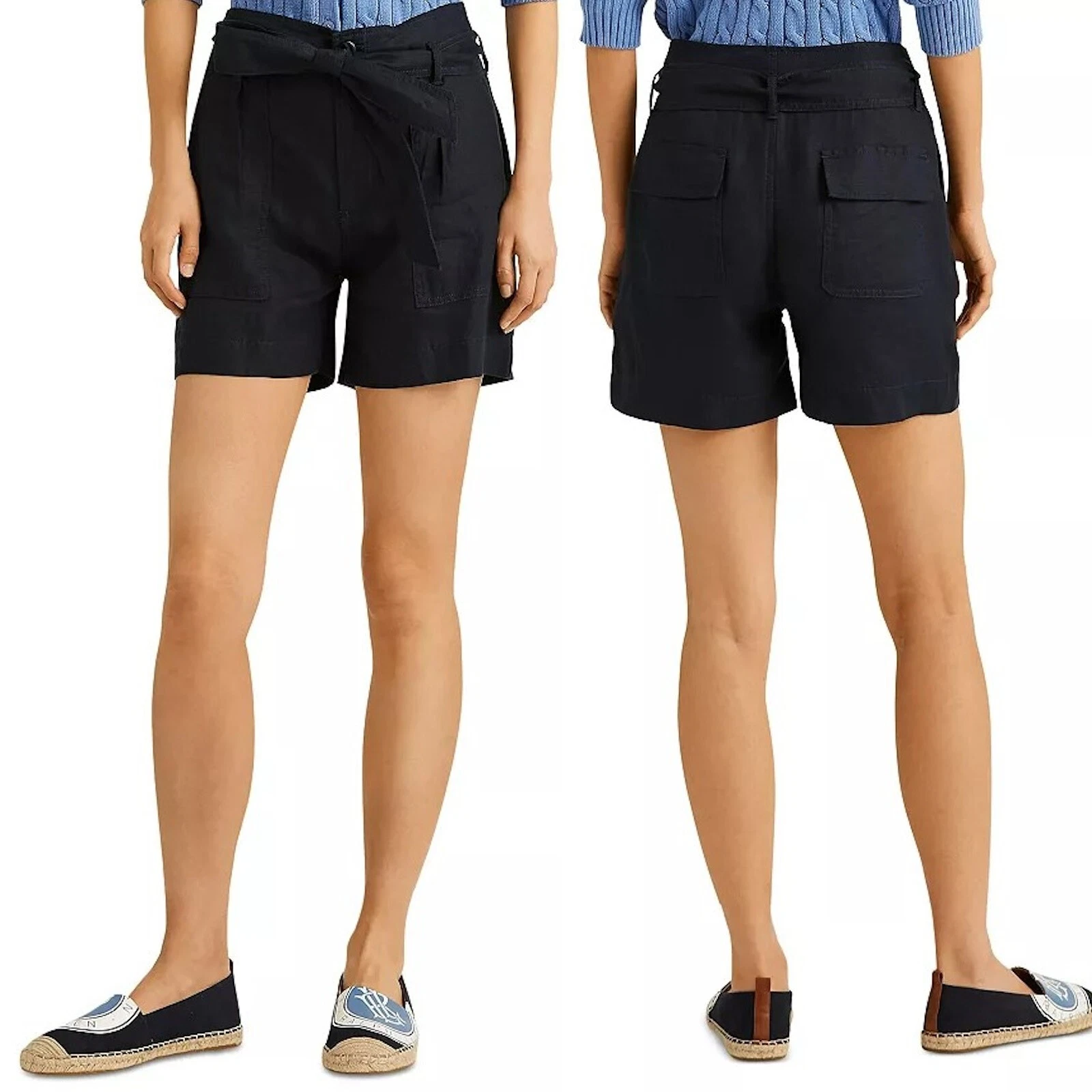 NWT New Lauren Ralph Lauren Navy Belted Linen Shorts Size 6 Petite