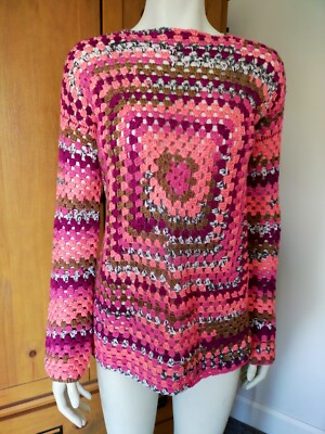HANDGEHÄKELTER PULLOVER TUNIKA OBERTEIL ROSA LILA HIPPIE BOHO UNBENUTZT S M