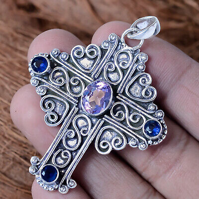 14K White Gold Diamond Blue Tanzanite Cross Religious Necklace Chain Slide  Pendant Charm Gemstone: 40142941093957