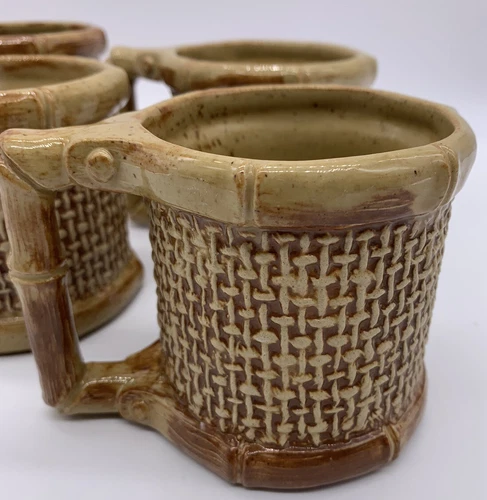 Vintage Brown Glaze Woven Coffee Mugs Cups Set Of 4 D Handle Tiki Beach Theme
