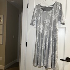 Lularoe Grey A Line Rose Women’s Dress Size XL White Roses Flare Midi