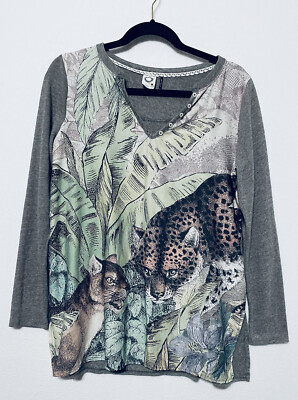 Anthropologie Akemi + Kin Fauna Tiger Tunic Top Womens Small Gray Linen Boho