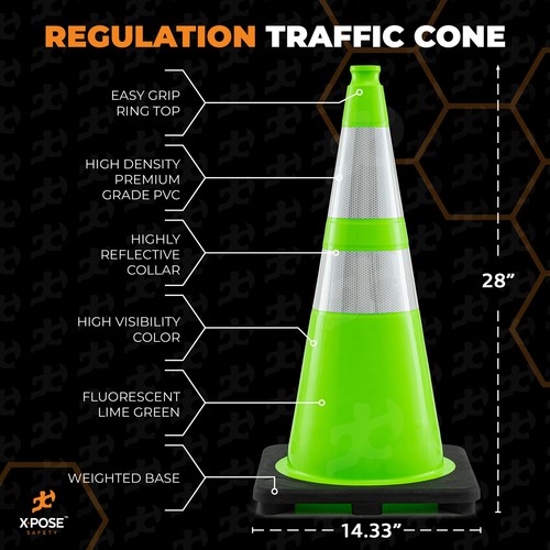 28” Lime Green Traffic Cone - 6 Pack - Dual 6" & 4" Reflective Collar - Picture 2 of 7