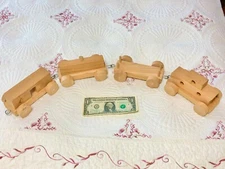 Vintage Handcrafted All-Wooden Toy Train Set Box Tank Flat Cars & Caboose Hooked