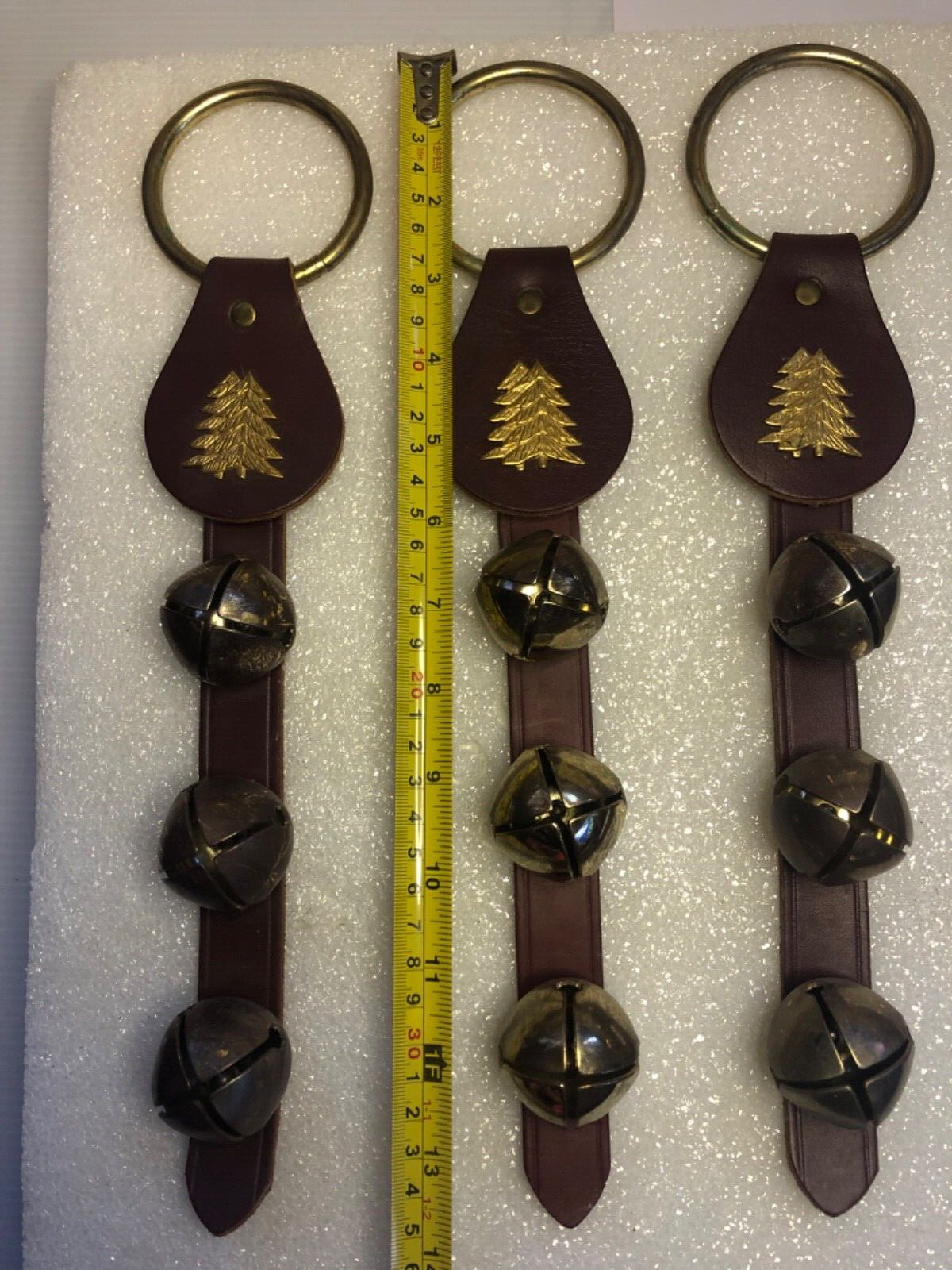 Three (3) 14”  Sleigh Jingle Bells On A Leather Strap Christmas Reindeer 9 Bells