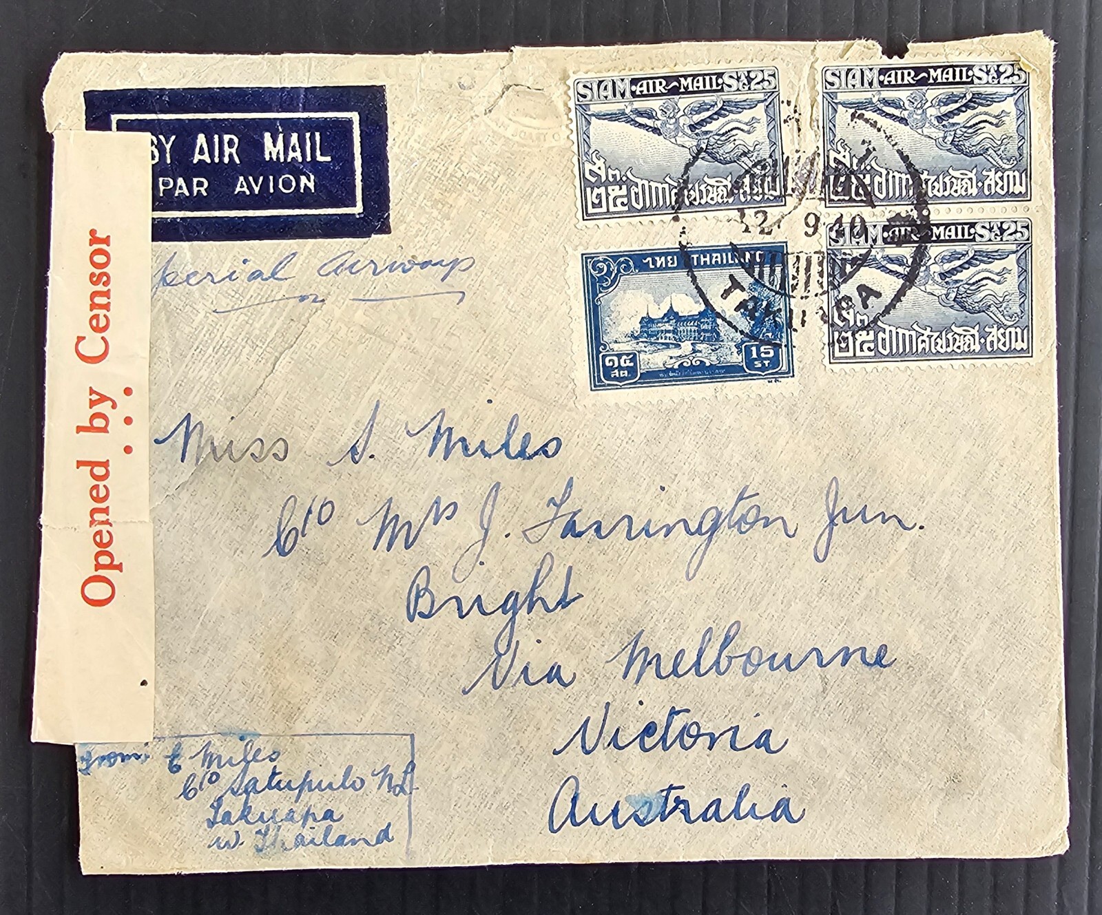 1940 Thailand (Siam) Airmail Censor Cover ties 4 stamps cd Takuapa-Bright
