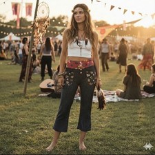 Vintage 60s 70s Bell Bottom Flare Pants Boho Hippie Polka Dot Floral Size 6, 28