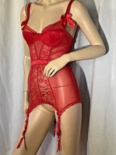 Red chemise Corset negligée M lace Sexy stretchy net Sheer slip UW bra Midnight