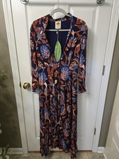 FARM RIO Blue Nature Beauty Maxi Dress Size L Long Sleeve NWT
