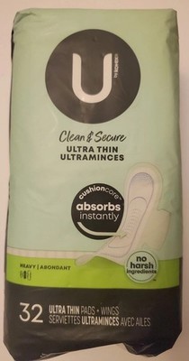 U by Kotex Clean & Secure Ultra Thin Pads with Wings, Heavy Absorbency, 32 Count