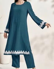 Dark Teal Kurta Set with White Lace Size Small New Without Tags
