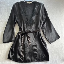 Vintage VICTORIA  S SECRET Robe Black Satin Kimono Gold Label One Size Romantic