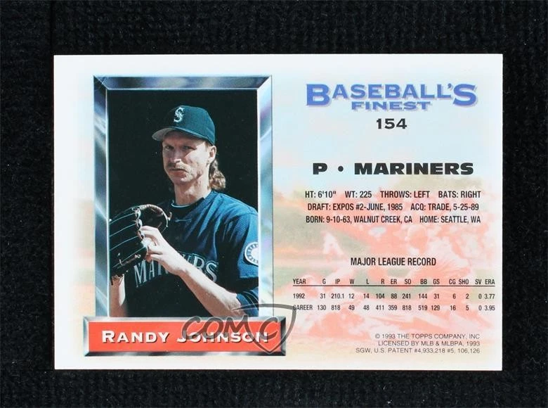 1993 Topps Finest Baseball's Finest Refractor Randy Johnson #154 HOF - Image 2 of 2