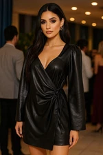 House of Harlow Black Long Sleeve Black Vegan Leather Ruched Side V-Neck Dress