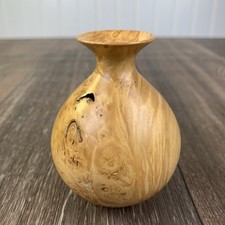 Vintage Hand Turned Wood Small Bulb Bud Vase Signed 3.5" Golden Color Imperfect