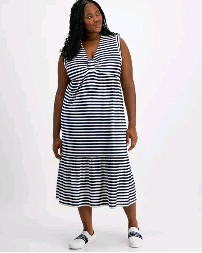Tommy Hilfiger Empire Waist Tiered Midi Dress 2X Navy Striped Nautical