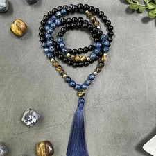 108 Perlen Mala Kette aus Tigerauge & Achat – Handgefertigte Boho Halskette