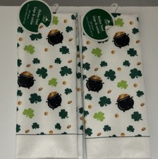 2 Green Shamrocks Pot Of Gold Kitchen Dish Towels St Patrick's Day Irish