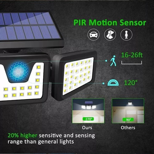 3 Head Solar Motion Sensor Light Outdoor Garden Wall Security Flood Lamp 74LEDs - Picture 5 of 5