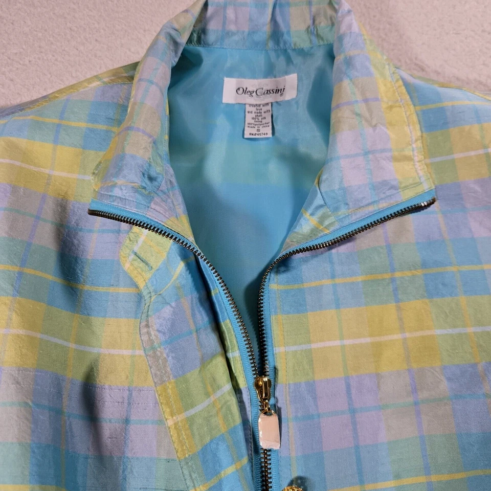 Chaqueta de bombardero vintage años 80 a cuadros para mujer pequeña Oleg Cassini Shantung seda ocio Foto 2 de 4