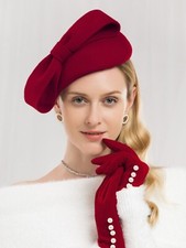 Burgundy Wool Felt Fascinator Hats Women Ladies Wedding Tea Pillbox Hat With Bow