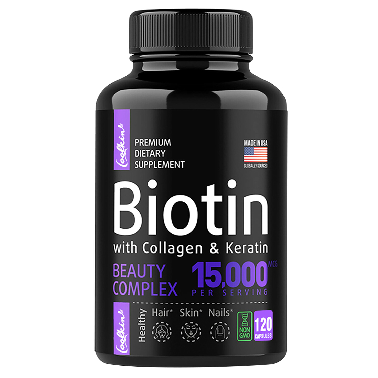 Biotina con colágeno y queratina - Crecimiento del cabello, apoyo a la salud de la piel y las uñas