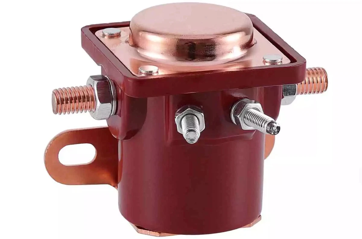 A red standalone solenoid for vintage Jeeps and Ford trucks, displayed on a white background.