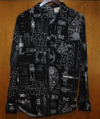 Star Wars Blueprints Black Button-Up Long-Sleeve Shirt Men's Size