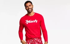 Family Pajamas Men's Knit Crew-Neck Pajama TOP, Red Merry Christmas, Medium